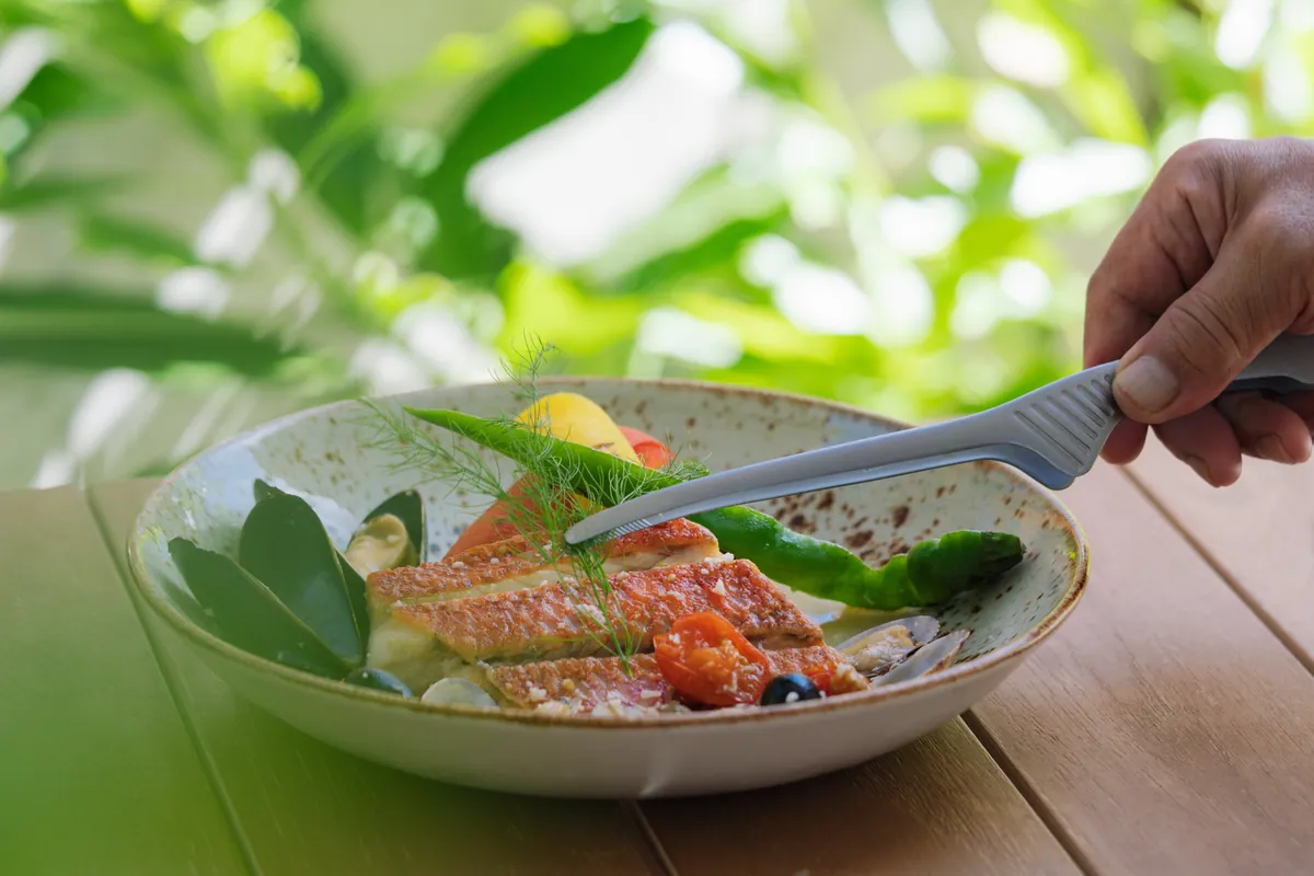 自家農園の野菜を添えた魚料理